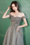 Gray tulle beads long prom dress gray evening dress HZ1023