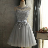 Gray lace short A line prom dress homecoming dress HZ1023