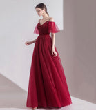 Bugundy velet tulle long prom dress A line evening dress HZ1023