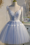 Blue lace short A line prom dress homecoming dress HZ1023