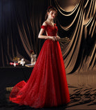Red tulle sequins long prom dress A line evening gown HZ1023