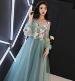 Green lace applique prom dress A line evening dress HZ1023
