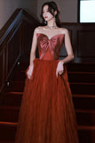 Burgundy satin tulle long prom dress A line evening dress HZ1023