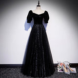 Black tulle long prom dress A line evening gown HZ1023