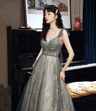 Gray tulle sequins A line prom dress gray evening dress HZ1023
