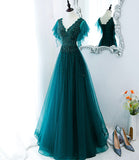 Green tulle beads long prom dress evening gown HZ1023