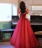Burgundy tulle beads long prom dress evening gown HZ1023