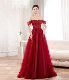 Burgundy tulle beads long prom dress evening dress HZ1023