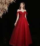 Burgundy tulle beads long prom dress A line evening gown HZ1023