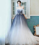 Blue tulle sequins long prom dress A line evening dress HZ1023