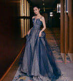 Blue tulle long prom dress shiny evening dress HZ1023