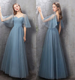 Blue tulle long prom dress A line evening dress HZ1023