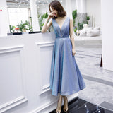 Shiny v neck short prom dress blue evening dress HZ1023
