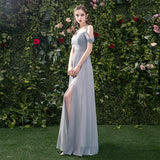 Gray chiffon long A line prom dress bridesmaid dress HZ1023