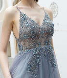 Gray tulle beads long prom dress A line evening dress HZ1023