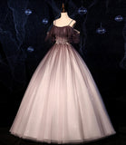 Brown Delicate Floral Applique Fashion A-Line Long Tulle Ball Gown Evening Dress HZ1023