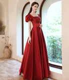 Red satin long A line prom dress red evening dress HZ1023