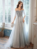 Gray tulle beads prom dress evening dress HZ1023