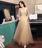 Champagne tulle lace long prom dress A line evening dress HZ1023