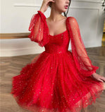 Red tulle short prom dress with long sleeve cocktail dress HZ1023