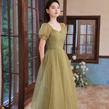 Green tulle beads long prom dress A line evening dress HZ1023