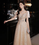Champagne tulle sequins long prom dress evening dress HZ1023