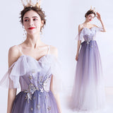 Purple tulle long A line prom dress evening dress HZ1023