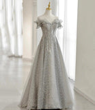 Gray tulle beads long prom dress evening gown HZ1023