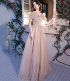 Pink tulle beads long prom dress A line evening dress HZ1023