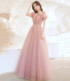 Pink tulle long prom dress pink evening gown HZ1023