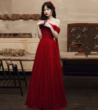 Burgundy tulle beads long prom dress one shoulder evening dress HZ1023