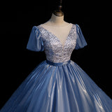 Blue satin long ball gown dress blue evening gown HZ1023