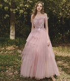 Pink tulle lace long prom dress pink evening gown HZ1023
