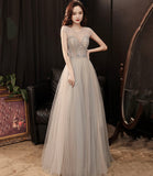 Cute tulle beads long prom dress A line evening gown HZ1023