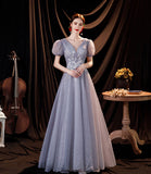Gray tulle sequins long A line prom dress evening dress HZ1023