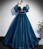 Shiny tulle sequins long prom dress A line evening gown HZ1023