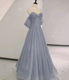 Gray tulle sequins long prom dress gray evening dress HZ1023