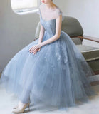 Blue tulle lace short A line prom dress party dress HZ1023