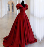 Burgundy Vintage Fashion Exquisite Beading A-Line Long Satin Ball Gown Evening Dress HZ1023