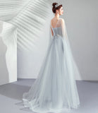 Gray tulle lace long prom dress A line evening dress HZ1023