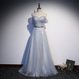 Lovely A line tulle pearl long prom dress evening dress HZ1023