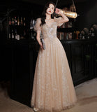 Champagne tulle sequins long prom dress evening dress HZ1023