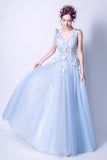 Blue tulle lace long A line prom dress blue evening dress HZ1023
