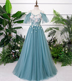 Blue v neck lace long prom gown blue evening dress HZ1023