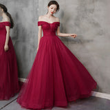 Burgundy tulle beads long prom dress A line evening dress HZ1023