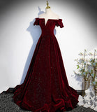 Burgundy velvet long prom dress A line evening gown HZ1023