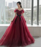 Burgundy tulle long A line prom dress evening dress HZ1023