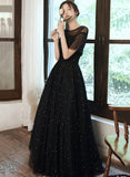 Black A line tulle long prom dress black evening dress HZ1023