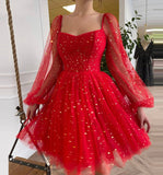Red tulle short prom dress with long sleeve cocktail dress HZ1023