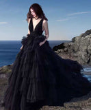 Black v neck tulle long prom dress evening dress HZ1023